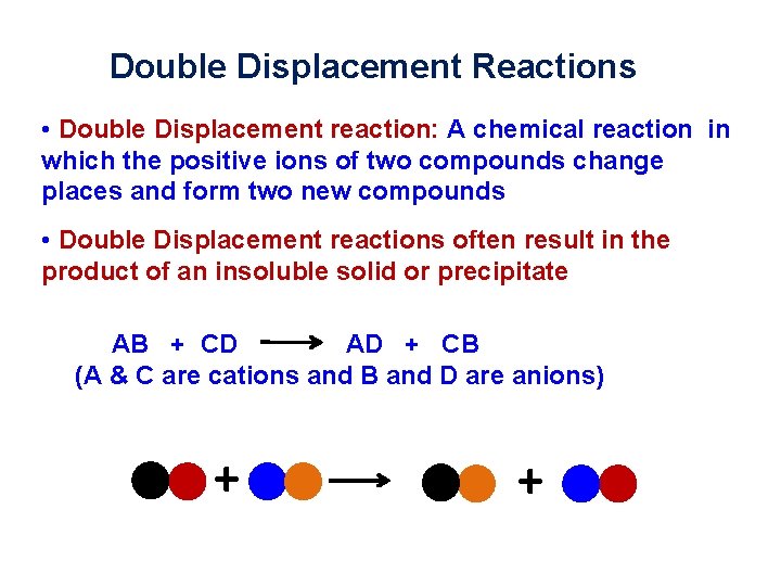 Double Displacement Reactions • Double Displacement reaction: A chemical reaction in which the positive