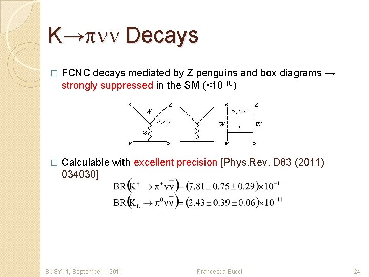 K→pnn Decays � FCNC decays mediated by Z penguins and box diagrams → strongly