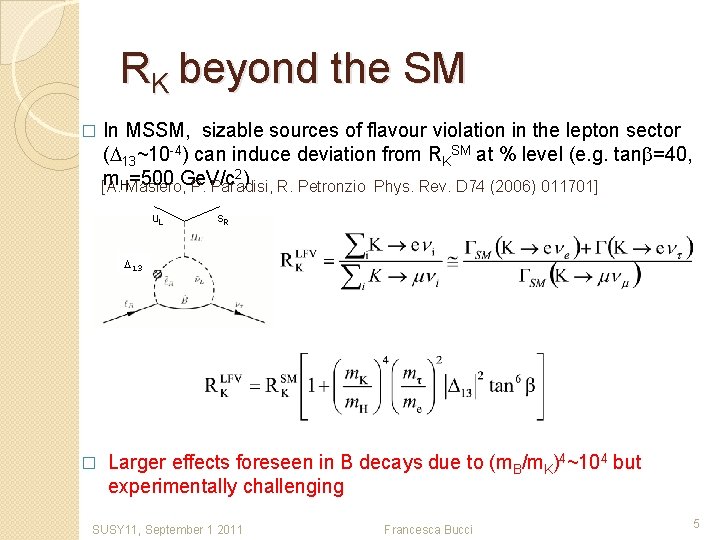 RK beyond the SM � In MSSM, sizable sources of flavour violation in the