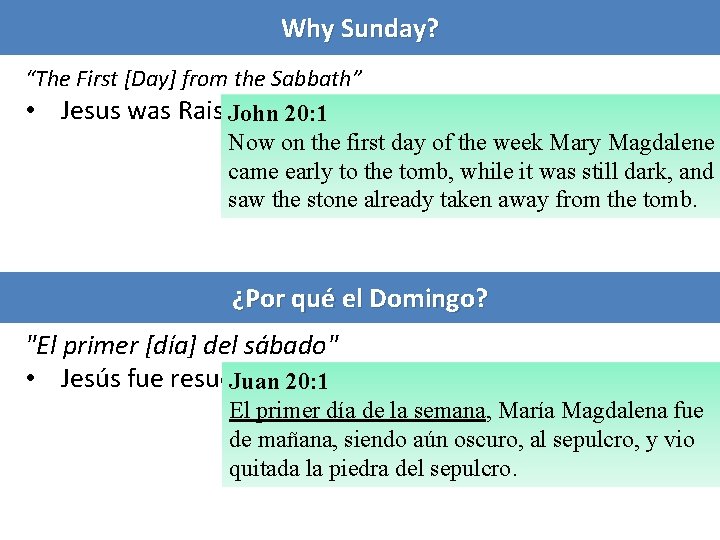 Why Sunday? “The First [Day] from the Sabbath” • Jesus was Raised John 20: