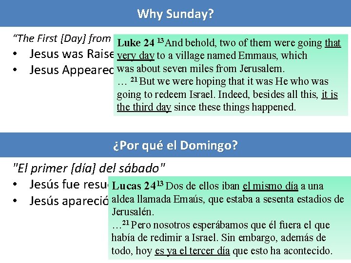Why Sunday? “The First [Day] from the Sabbath” Luke 24 13 And behold, two