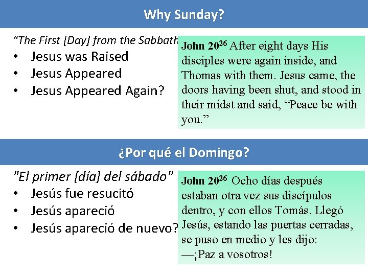 Why Sunday? “The First [Day] from the Sabbath”John 2026 After eight days His •