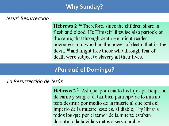 Why Sunday? Jesus’ Resurrection Hebrews 2 14 Therefore, since the children share in flesh