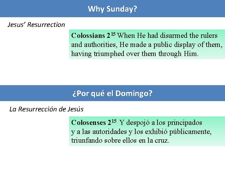 Why Sunday? Jesus’ Resurrection Colossians 215 When He had disarmed the rulers and authorities,