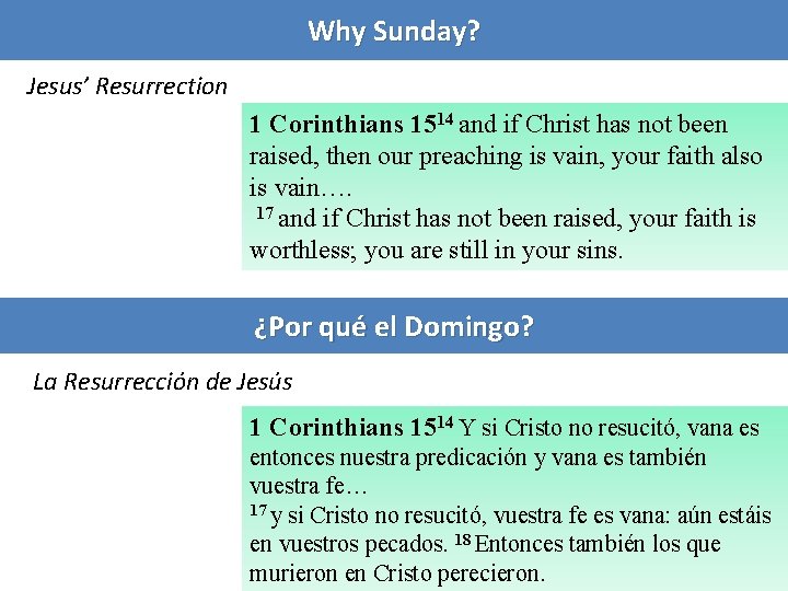 Why Sunday? Jesus’ Resurrection 1 Corinthians 1514 and if Christ has not been raised,
