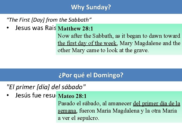 Why Sunday? “The First [Day] from the Sabbath” • Jesus was Raised Matthew 28: