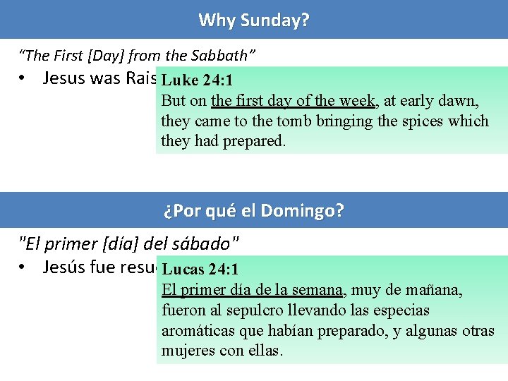 Why Sunday? “The First [Day] from the Sabbath” • Jesus was Raised Luke 24: