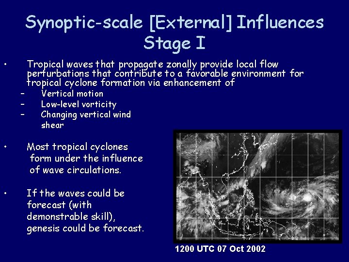 Synoptic-scale [External] Influences Stage I • – – – Tropical waves that propagate zonally