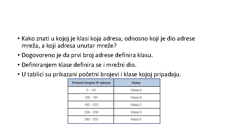  • Kako znati u kojoj je klasi koja adresa, odnosno koji je dio