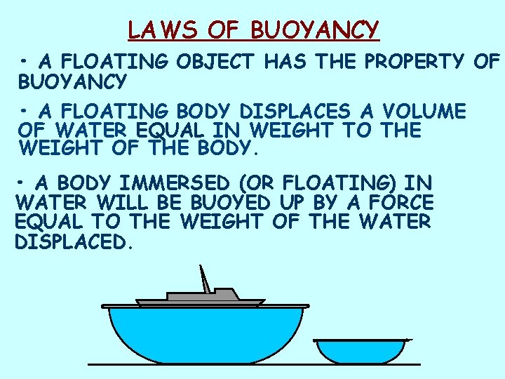 LAWS OF BUOYANCY • A FLOATING OBJECT HAS THE PROPERTY OF BUOYANCY • A