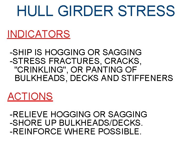 HULL GIRDER STRESS INDICATORS -SHIP IS HOGGING OR SAGGING -STRESS FRACTURES, CRACKS, "CRINKLING", OR