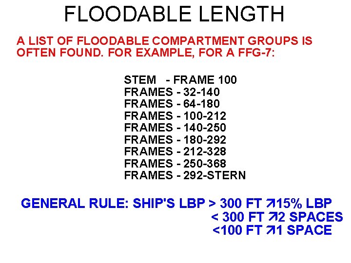 FLOODABLE LENGTH A LIST OF FLOODABLE COMPARTMENT GROUPS IS OFTEN FOUND. FOR EXAMPLE, FOR