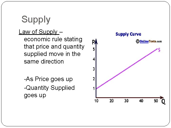 Supply Law of Supply – economic rule stating that price and quantity supplied move