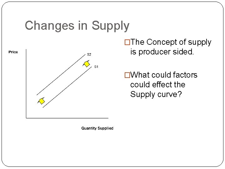 Changes in Supply �The Concept of supply is producer sided. �What could factors could