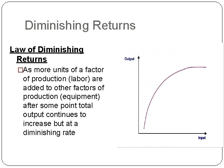 Diminishing Returns Law of Diminishing Returns �As more units of a factor of production