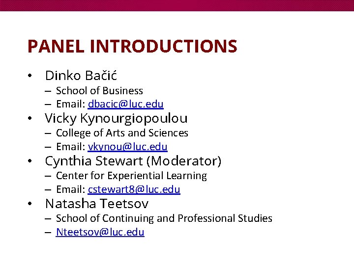 PANEL INTRODUCTIONS • Dinko Bačić – School of Business – Email: dbacic@luc. edu •