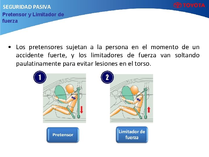 SEGURIDAD PASIVA Pretensor y Limitador de fuerza 1 2 SEGURIDAD • Los pretensores sujetan