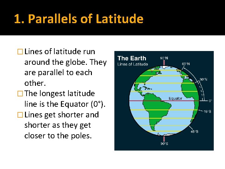 1. Parallels of Latitude � Lines of latitude run around the globe. They are
