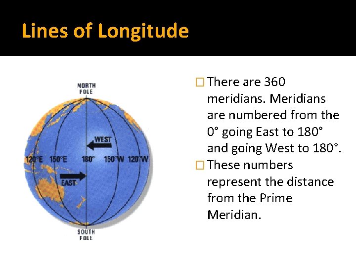 Lines of Longitude � There are 360 meridians. Meridians are numbered from the 0°