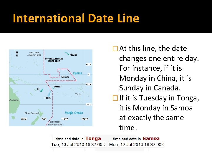 International Date Line � At this line, the date changes one entire day. For