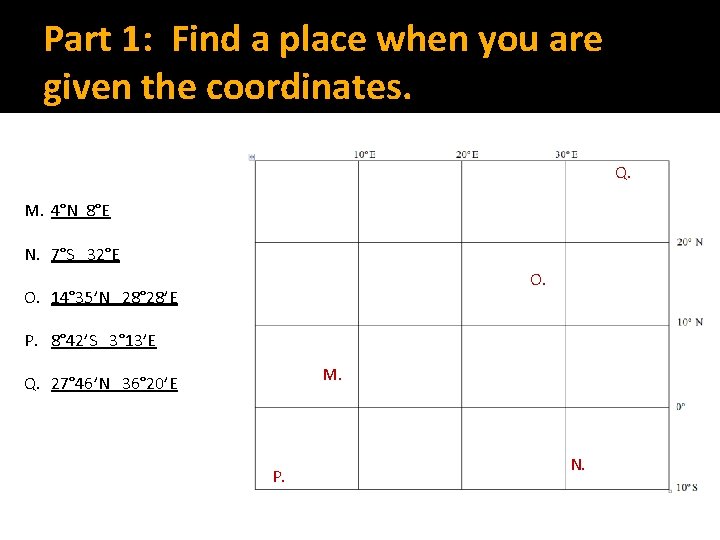Part 1: Find a place when you are given the coordinates. Q. M. 4°N
