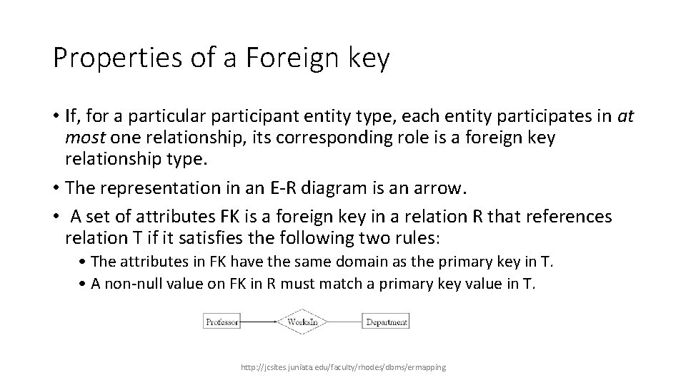 Properties of a Foreign key • If, for a particular participant entity type, each