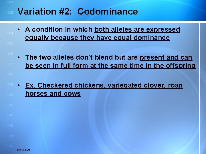Variation #2: Codominance • A condition in which both alleles are expressed equally because