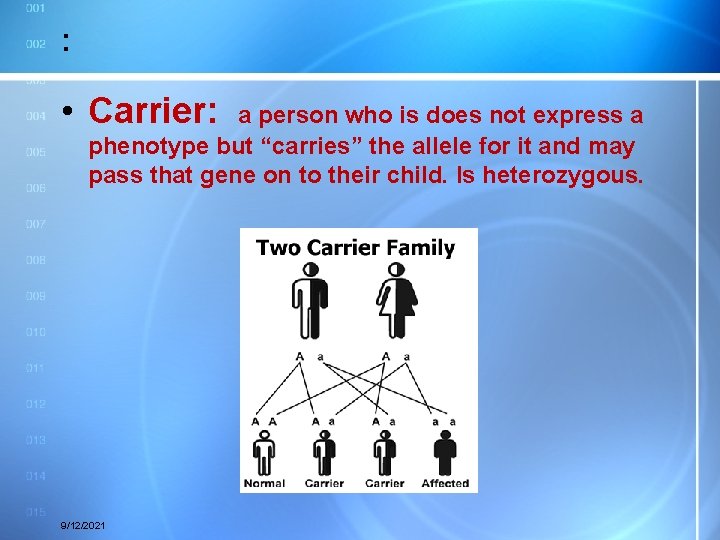 : • Carrier: a person who is does not express a phenotype but “carries”
