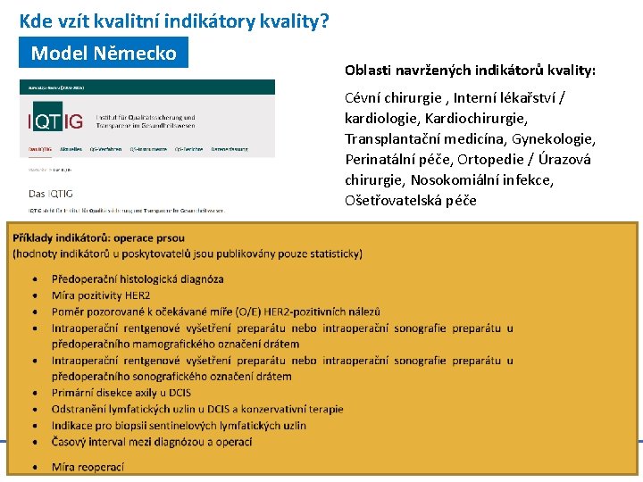 Kde vzít kvalitní indikátory kvality? Model Německo Oblasti navržených indikátorů kvality: Cévní chirurgie ,