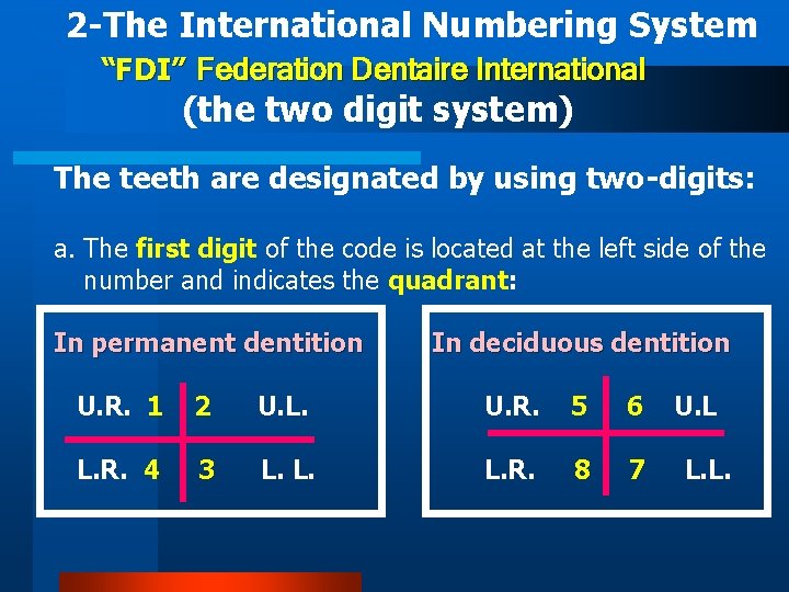 2 -The International Numbering System “FDI” Federation Dentaire International (the two digit system) The