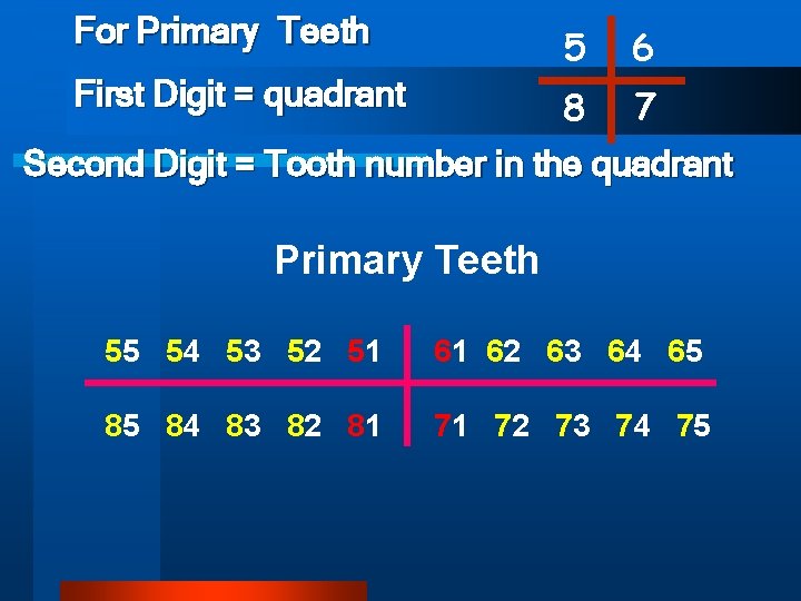 For Primary Teeth 5 6 First Digit = quadrant 8 7 Second Digit =