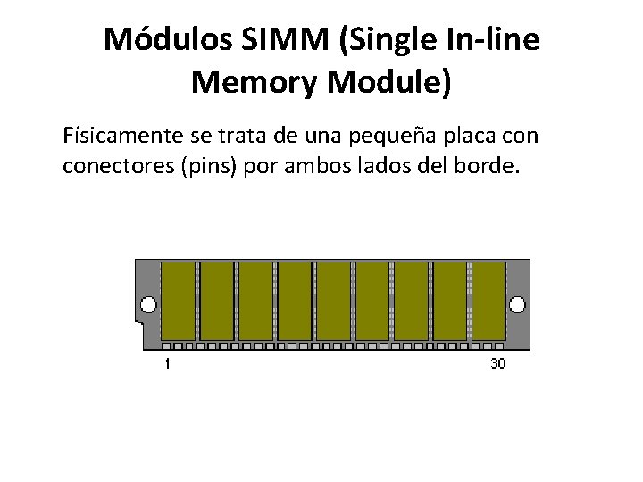 Módulos SIMM (Single In-line Memory Module) Físicamente se trata de una pequeña placa conectores