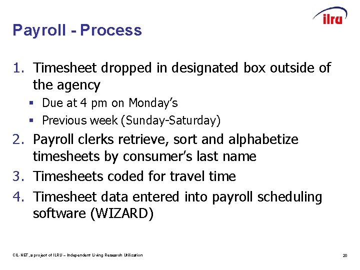 Payroll - Process 1. Timesheet dropped in designated box outside of the agency §