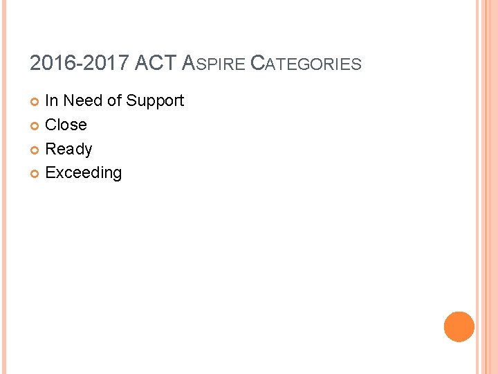 2016 -2017 ACT ASPIRE CATEGORIES In Need of Support Close Ready Exceeding 