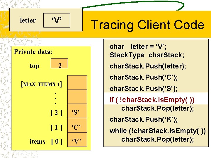 letter ‘V’ Tracing Client Code char letter = ‘V’; Stack. Type char. Stack; Private