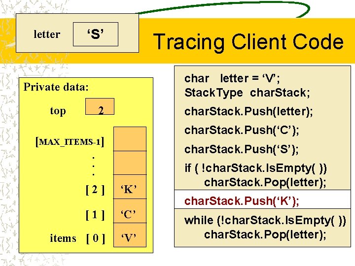 letter ‘S’ Tracing Client Code char letter = ‘V’; Stack. Type char. Stack; Private