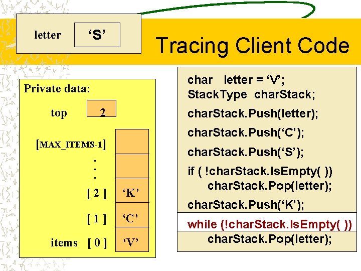 letter ‘S’ Tracing Client Code char letter = ‘V’; Stack. Type char. Stack; Private