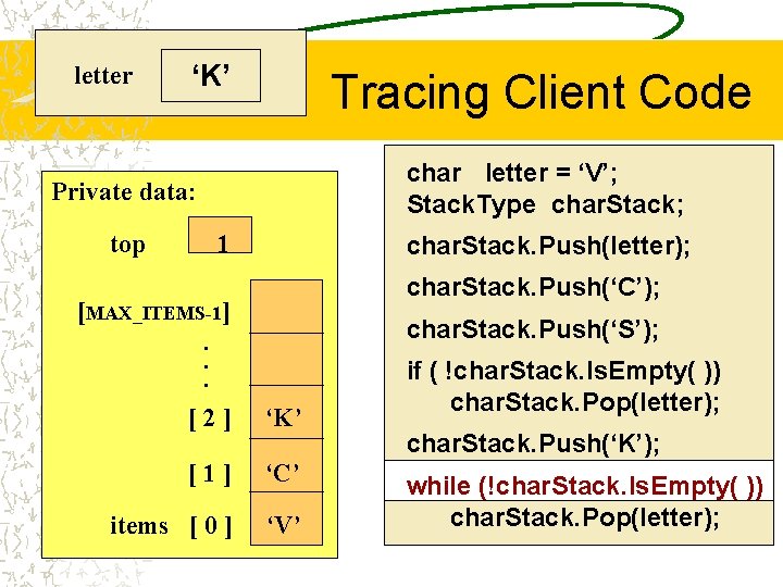 letter ‘K’ Tracing Client Code char letter = ‘V’; Stack. Type char. Stack; Private