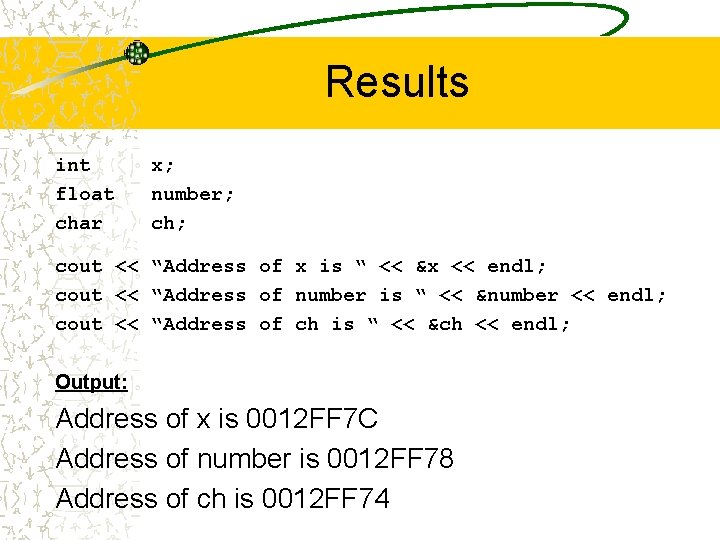 Results int float char x; number; ch; cout << “Address of x is “