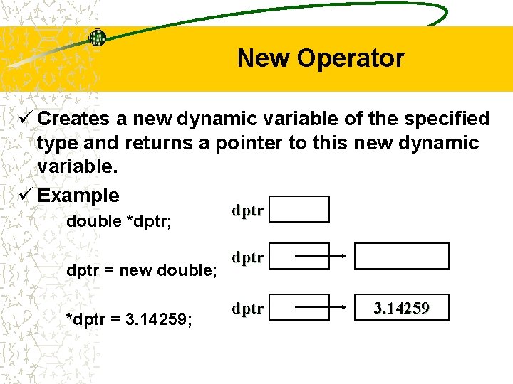 New Operator ü Creates a new dynamic variable of the specified type and returns
