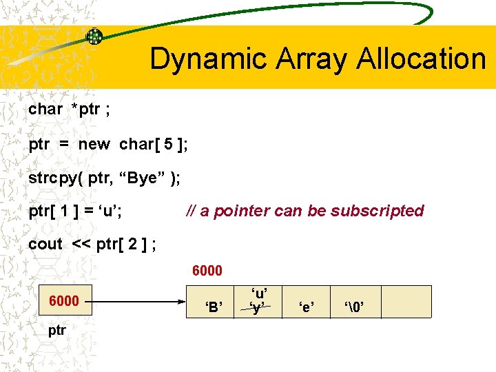Dynamic Array Allocation char *ptr ; ptr = new char[ 5 ]; strcpy( ptr,