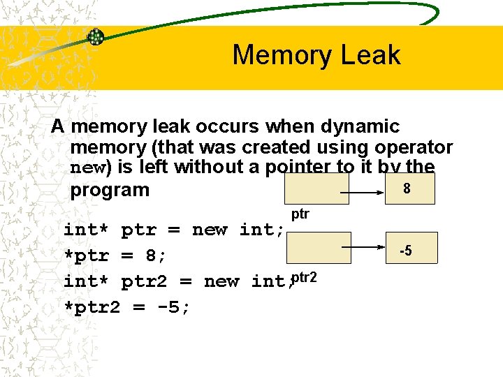 Memory Leak A memory leak occurs when dynamic memory (that was created using operator