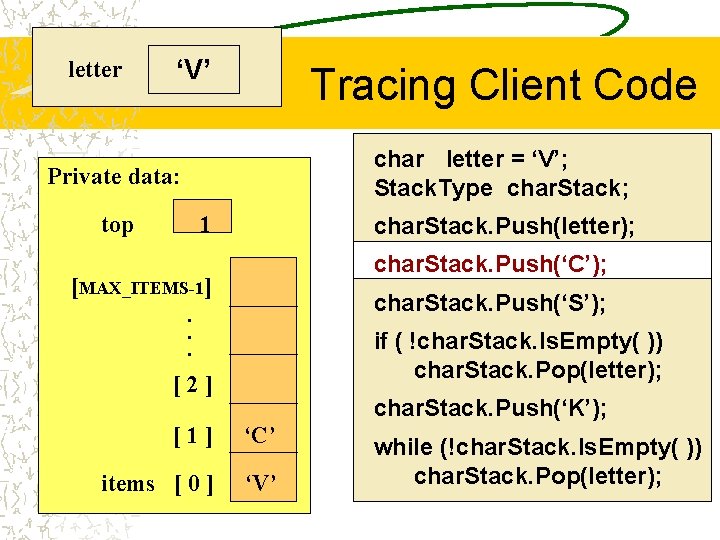 letter ‘V’ Tracing Client Code char letter = ‘V’; Stack. Type char. Stack; Private