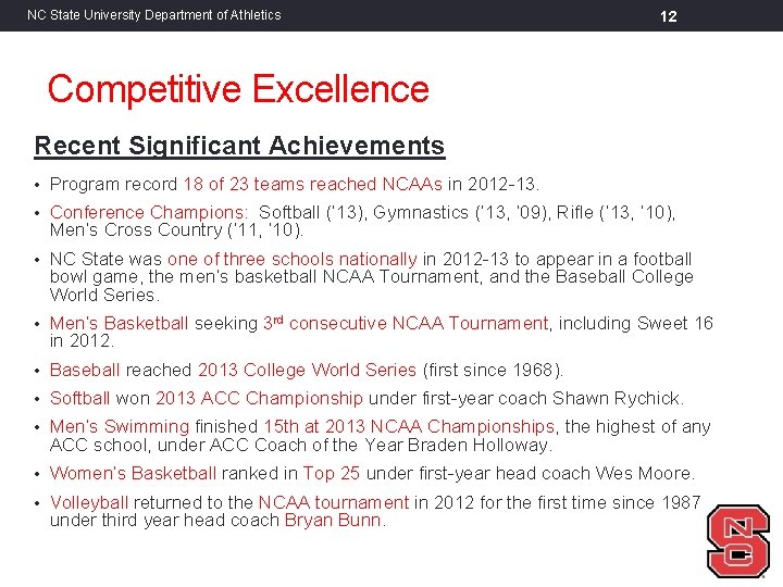 NC State University Department of Athletics 12 Competitive Excellence Recent Significant Achievements • Program