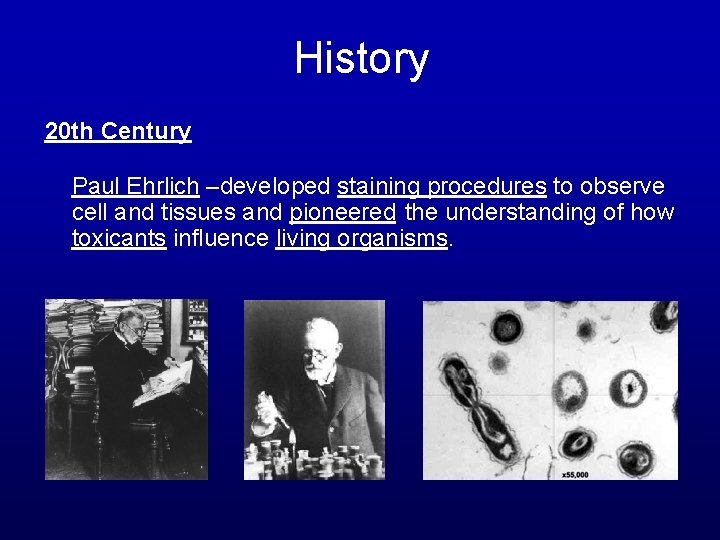 History 20 th Century Paul Ehrlich –developed staining procedures to observe cell and tissues