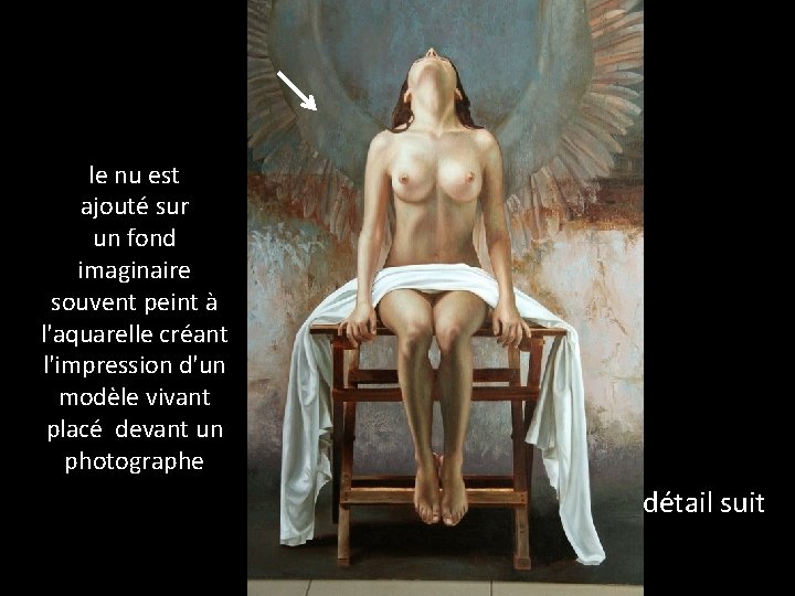 le nu est ajouté sur un fond imaginaire souvent peint à l'aquarelle créant l'impression