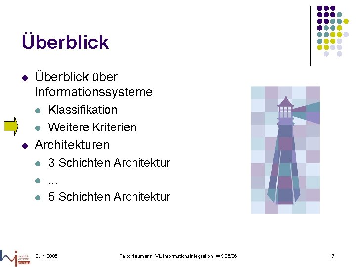 Überblick l Überblick über Informationssysteme l l l Klassifikation Weitere Kriterien Architekturen l l