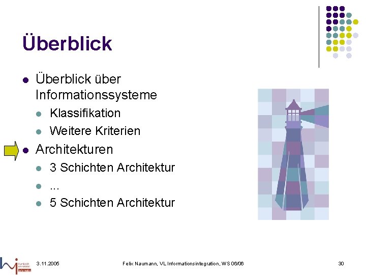 Überblick l Überblick über Informationssysteme l l l Klassifikation Weitere Kriterien Architekturen l l