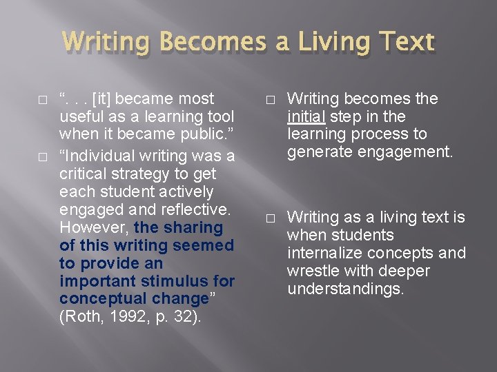 Writing Becomes a Living Text � � “. . . [it] became most useful