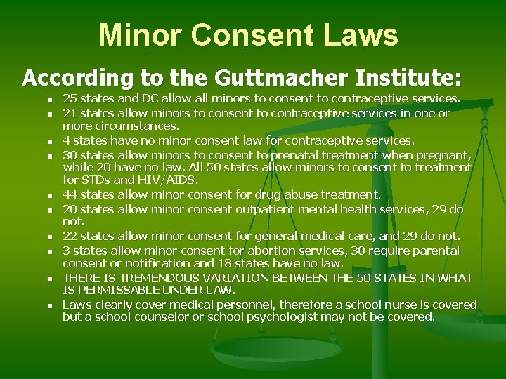Minor Consent Laws According to the Guttmacher Institute: n n n n n 25